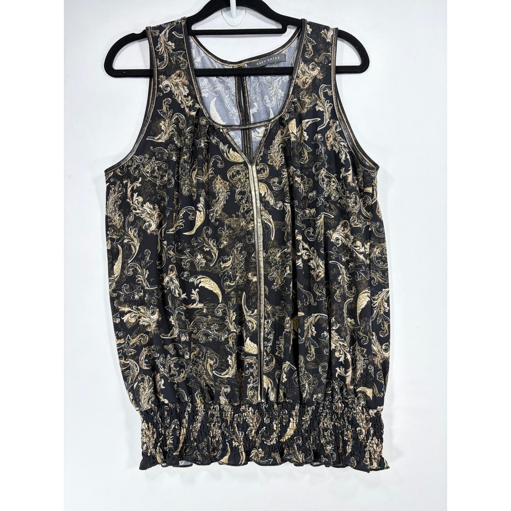 Suzy Shier Blouse Women L Black Gold Excellent Baroque Smocked Sleeveless Top